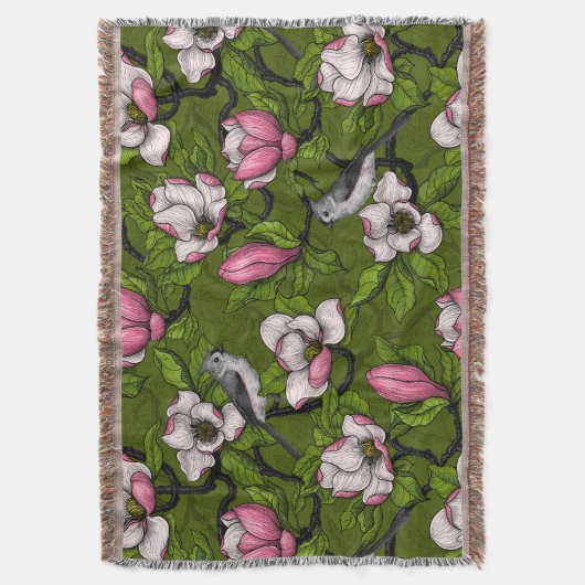 咲くマグノリアとタイトマウスの鳥2 スローブランケット (正面縦)
