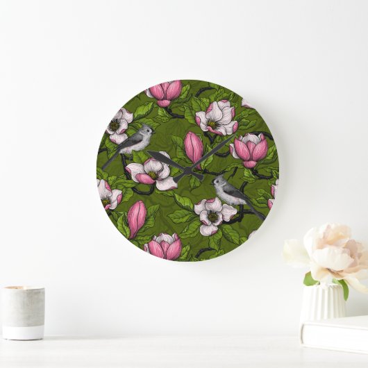 咲くマグノリアとタイトマウスの鳥2 ラージ壁時計 (ホーム)