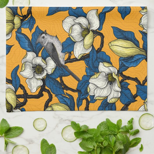 咲くマグノリアとタイトマウスの鳥3 キッチンタオル (折り畳み)