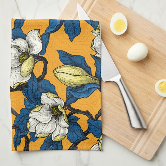 咲くマグノリアとタイトマウスの鳥3 キッチンタオル (四つ折り)