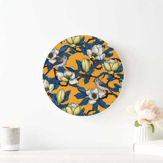 咲くマグノリアとタイトマウスの鳥3 ラージ壁時計 (ホーム)