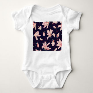 咲くマグノリア、手描きヴィンテージパターン。 ベビーボディスーツ