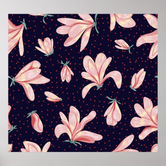 咲くマグノリア、手描きヴィンテージパターン。 ポスター (正面)