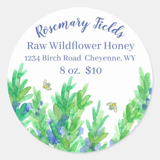 咲くローズマリーのハーブミツバチの蜂蜜 ラウンドシール (正面)