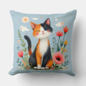 咲く庭で微笑む三毛猫 クッション (正面)
