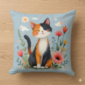 咲く庭で微笑む三毛猫 クッション