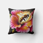 咲く明るいハイビスカスにミツバチの受粉 クッション (裏面)