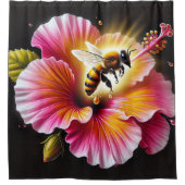 咲く明るいハイビスカスにミツバチの受粉 シャワーカーテン (正面)