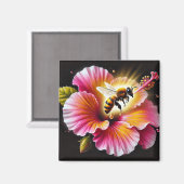 咲く明るいハイビスカスにミツバチの受粉 マグネット (正面/裏面)