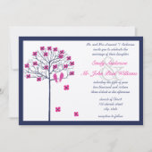 咲く木の上の海軍とピンクのヴィンテージの鳥 招待状 (正面)