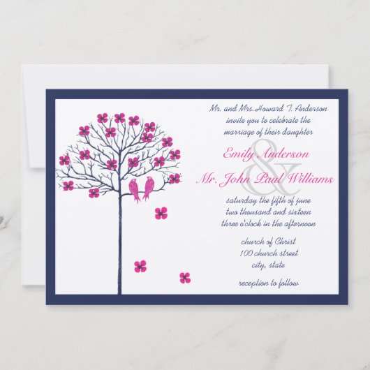 咲く木の上の海軍とピンクのヴィンテージの鳥 招待状 (正面)