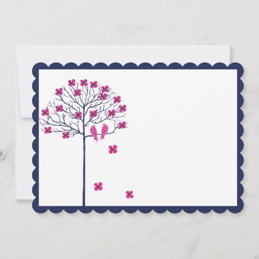咲く木の上の海軍とピンクのヴィンテージの鳥 招待状 (裏面)