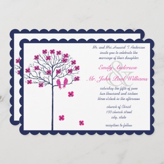 咲く木の上の海軍とピンクのヴィンテージの鳥 招待状 (正面/裏面)
