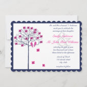 咲く木の上の海軍とピンクのヴィンテージの鳥 招待状 (正面)