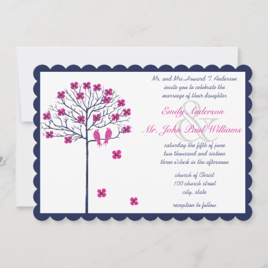 咲く木の上の海軍とピンクのヴィンテージの鳥 招待状 (正面)