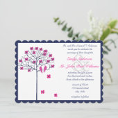 咲く木の上の海軍とピンクのヴィンテージの鳥 招待状 (スタンド正面)