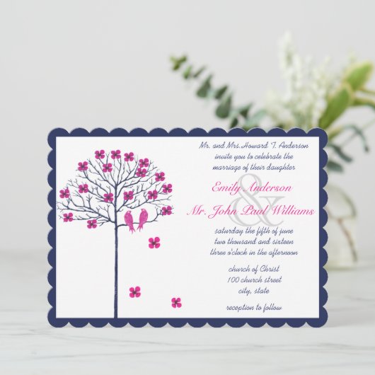 咲く木の上の海軍とピンクのヴィンテージの鳥 招待状 (スタンド正面)