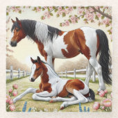 咲く果樹園の美しい馬と馬 ガラスコースター (正面)