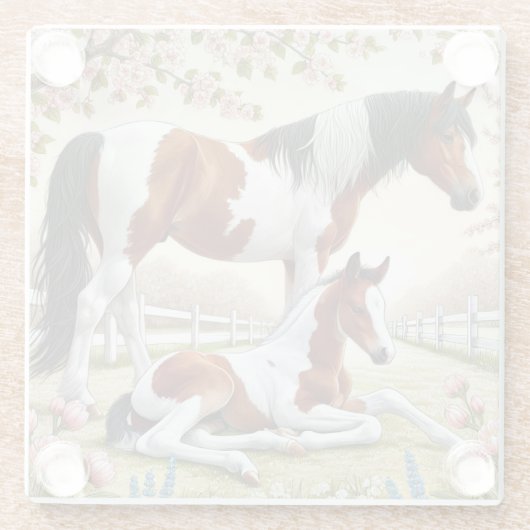 咲く果樹園の美しい馬と馬 ガラスコースター (裏面)