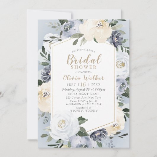 咲く植物性ほこりっぽい青いフローラブライダルシャワー 招待状 (正面)