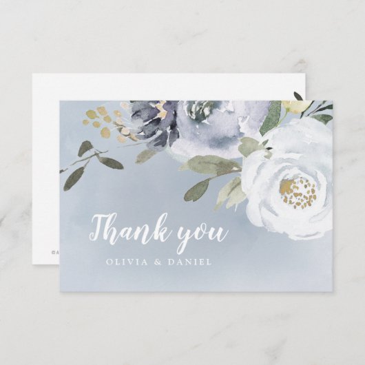 咲く植物性ほこりっぽい青い水色のフローラ サンキューカード (正面/裏面)