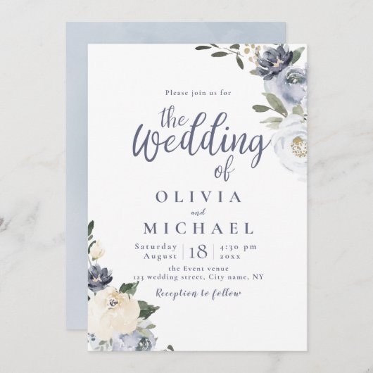 咲く植物性ほこりっぽい青結婚フローラ 招待状 (正面/裏面)