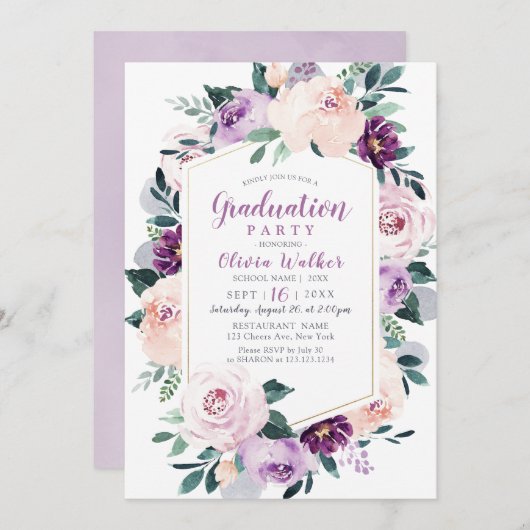 咲く植物紫色のフローラ卒業会 招待状 (正面/裏面)