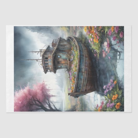 咲く沼に捨てられた古い魚釣りボート 薄葉紙 (正面)