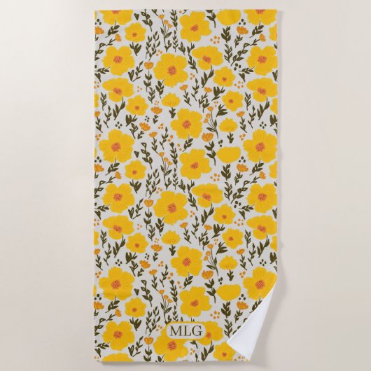 咲く牧草黄色の花のパターン&モノグラム ビーチタオル (正面)