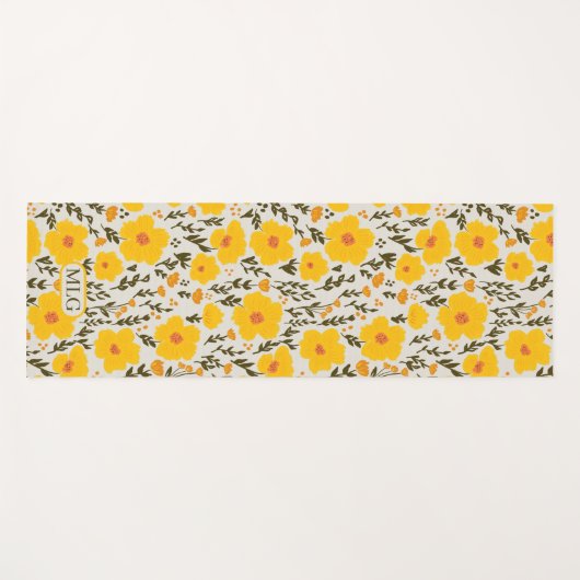 咲く牧草黄色の花のパターン&モノグラム ヨガマット (正面(横))