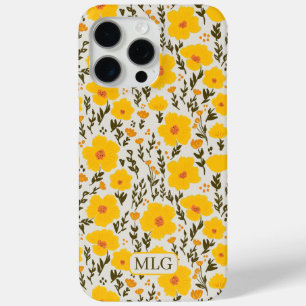 咲く牧草黄色の花のパターン&モノグラム iPhone 15 PRO MAXケース