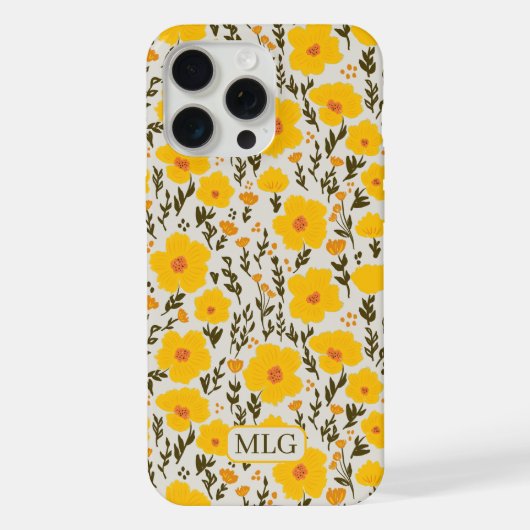 咲く牧草黄色の花のパターン&モノグラム iPhoneケース (裏面)