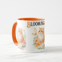 「咲く猫:オレンジと白の花の不思議の国 マグカップ
