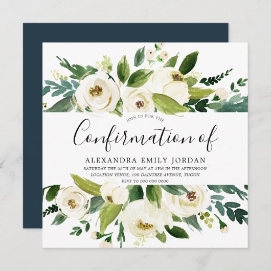 咲く白い花緑の葉確認 招待状 (正面/裏面)