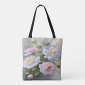 ：咲く秘密：白いバラのトート トートバッグ (裏面)