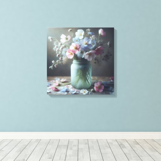 咲く美しい花でいっぱいの瓶 キャンバスプリント (インサイチュ (ウッドフロア))