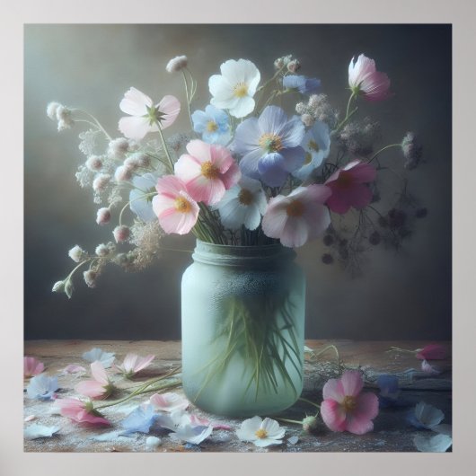 咲く美しい花でいっぱいの瓶 ポスター (正面)