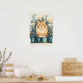 咲く花に囲まれたジンジャータブビー猫 ポスター (キッチン)