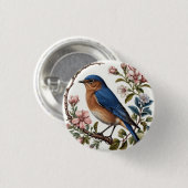 咲く花の間に止まるブルーバード 缶バッジ (正面&裏面)