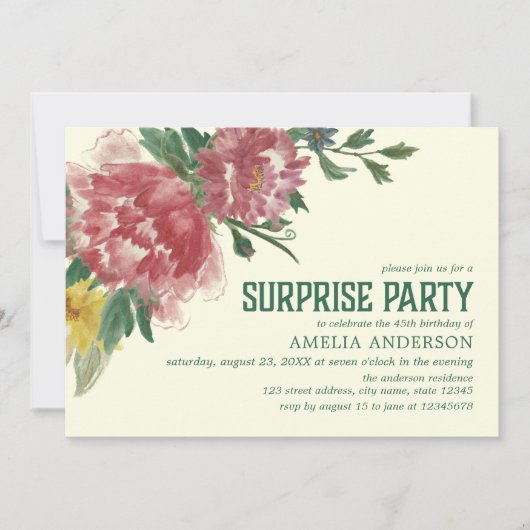 咲く花サプライズパーティー任意の年齢誕生日 招待状 (正面)