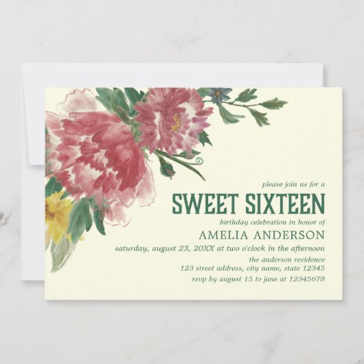 咲く花Sweet sixteen誕生日招待状 招待状 (正面)