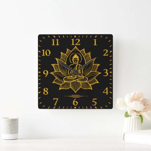 咲く蓮の花の中の金仏 スクエア壁時計 (ホーム)