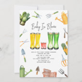 咲く赤ちゃんと赤いレインブーツのガーデニング 招待状 (正面)