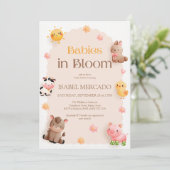 咲く赤ちゃんと農場の動物のベビーシャワー 招待状 (スタンド正面)