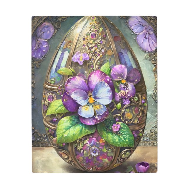 咲く鳥の足スミレ野花イースターエッグ メタルプリント (正面)