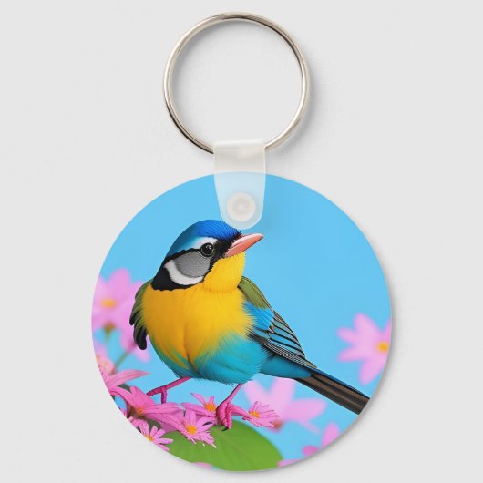咲カラフルく枝に鳥 キーホルダー (正面)