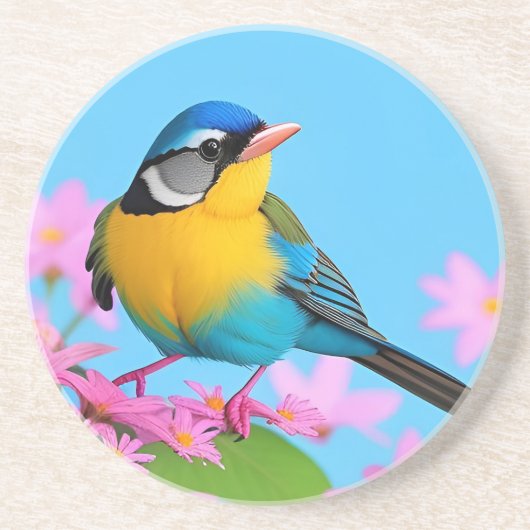 咲カラフルく枝に鳥 コースター (正面)