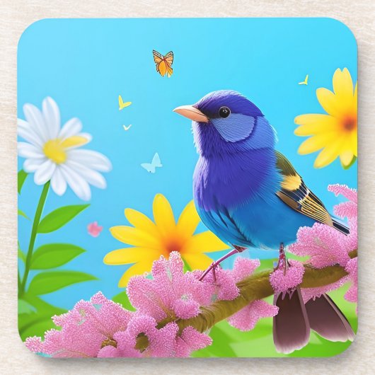 咲カラフルく枝に鳥 コースター (正面)
