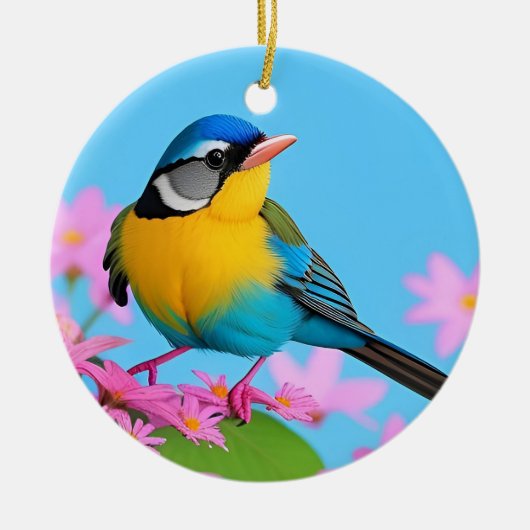 咲カラフルく枝に鳥 セラミックオーナメント (正面)