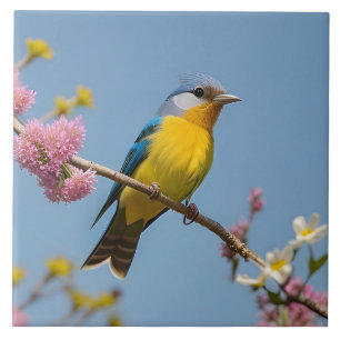 咲カラフルく枝に鳥 タイル